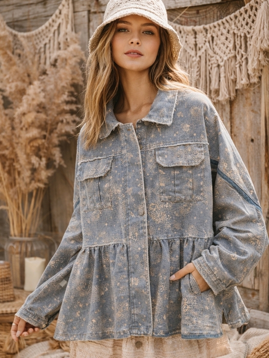POL Jackets & Blazers - POL Paisley Raw Edge Shacket Jacket Boho Peplum Zip Front Blue, M